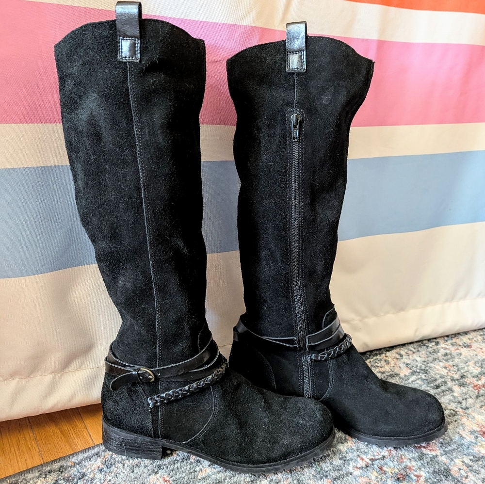 BC Footwear Black Suede Leather Knee High Buckle Boots Moto Whimsigoth Western 8